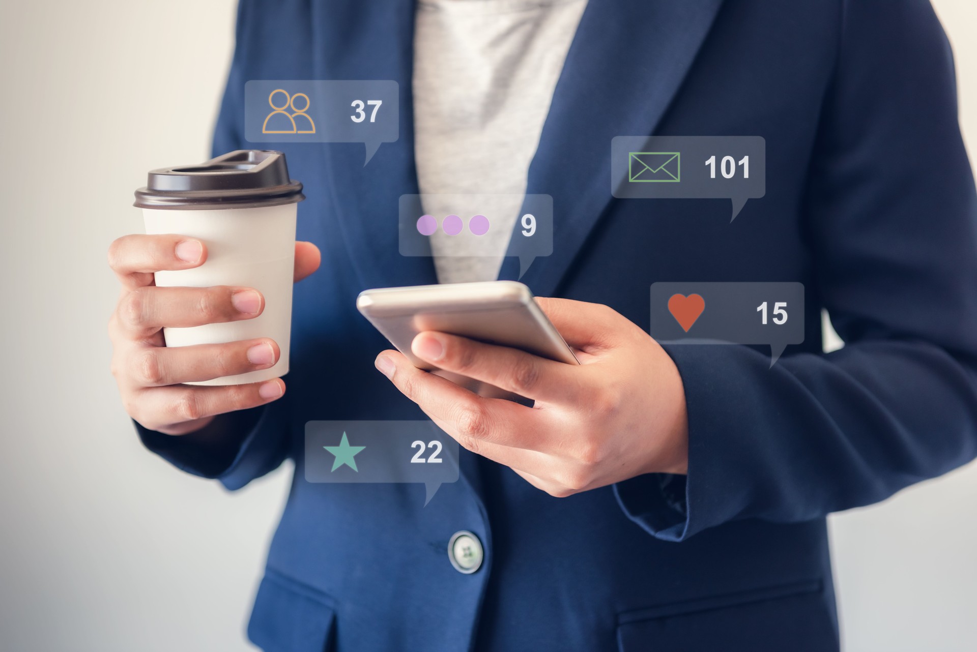 Social Media Sharing and Mobile Phone Networking Concept, Businesswoman is Using Smartphone for Communication Chat While Drinking a Cup of Coffee. Technology Connection for Entertainment Media Network